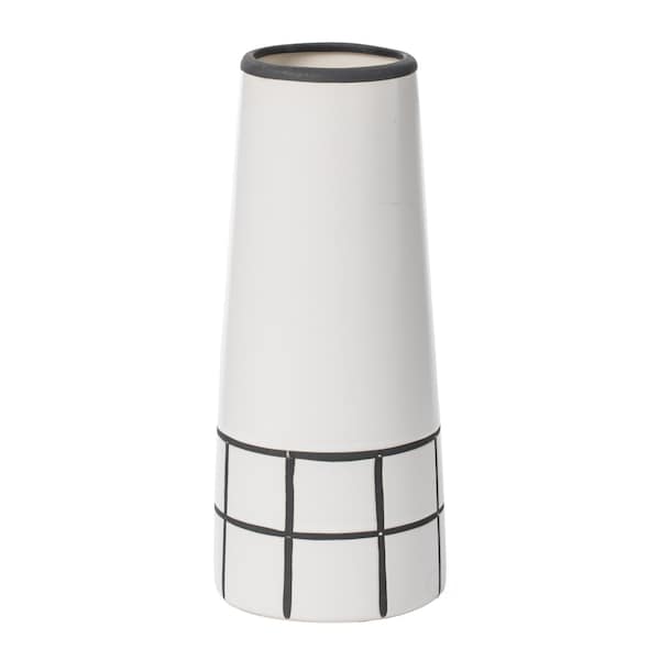 Fabulaxe 9.5 H Ceramic Modern Painted Grid Tapered Flower Table Vase, Black and White QI004059.L - main
